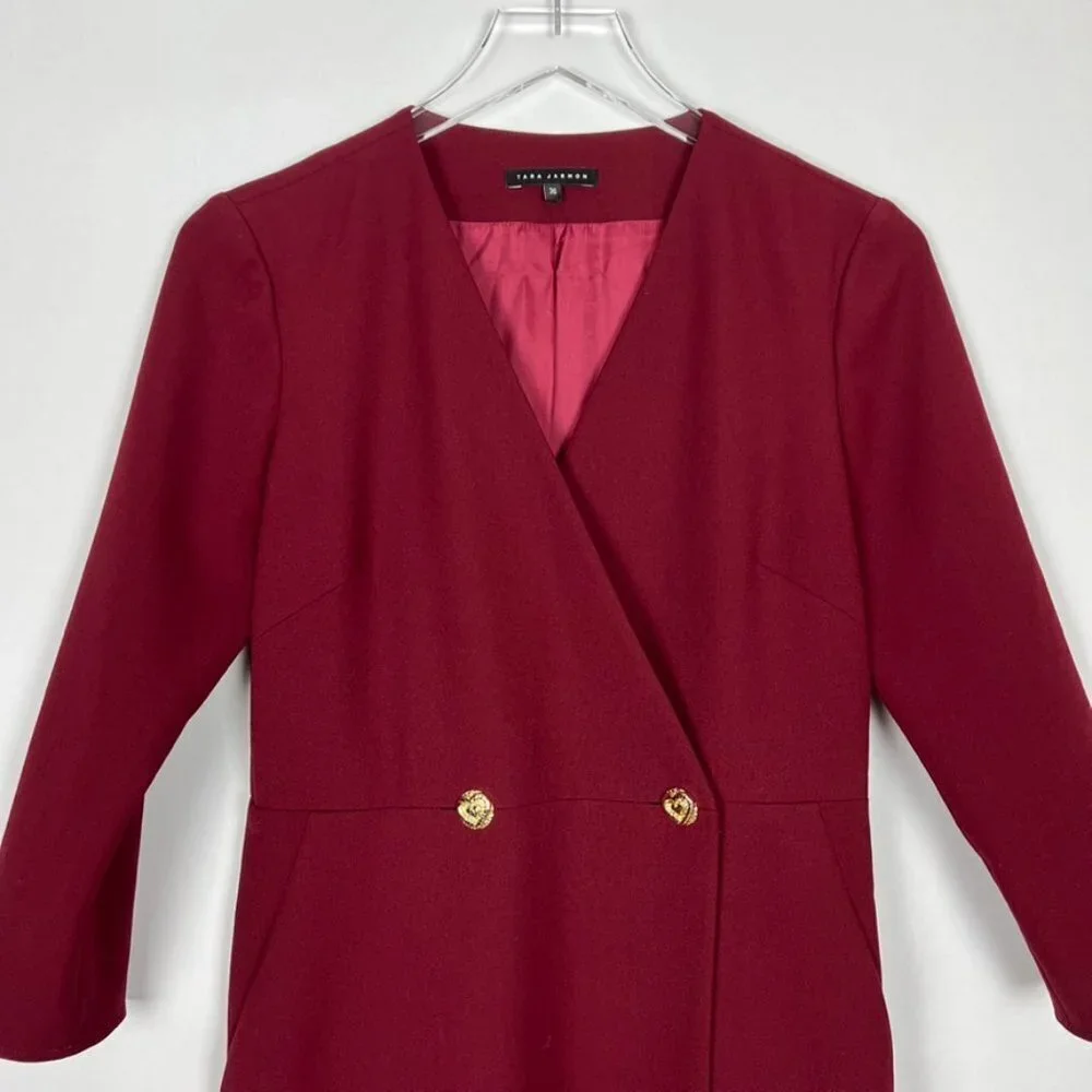 Tara Jarmon Paris Blazer Dress Women's Euro 36 | US 6 Burgundy Tailored Midi - Picture 3 of 16